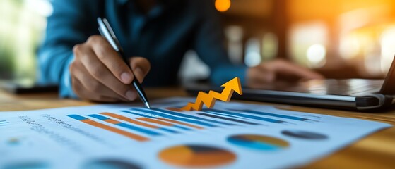 Closeup image of a businessman contemplating a rising arrow on a financial chart, highlighting concepts of growth and profitability in the business world