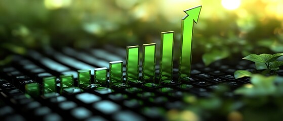 Elegant 3D image of a businessman studying a rising graph with green bars and an upward arrow, illustrating the pursuit of excellence in business against a blurred background