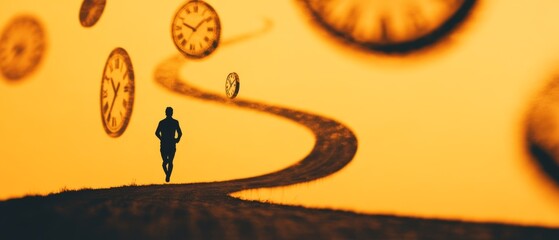 A person running along a winding road, with clocks and calendar pages flying around, symbolizing the rush and pressure to keep up with deadlines and time.