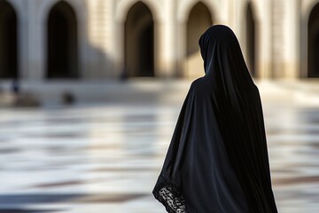 Muslim Woman in Black Abaya Walking in Courtyard