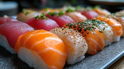 A detailed shot of a plate of sushi, with vibrant slices of fish and rice, arranged in perfect order.