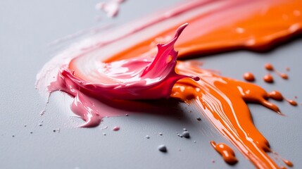 A close-up of pink and orange paint splattered and swirled on a gray surface.