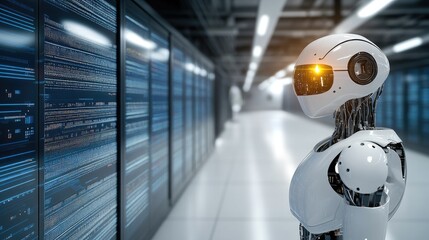 Poster - A humanoid robot stands in a data center, observing its surroundings, showcasing the integration of AI technology in contemporary environments