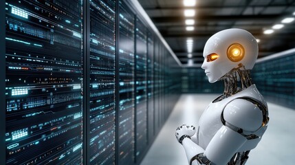 Poster - A humanoid robot stands in a data center, observing its surroundings, showcasing the integration of AI technology in contemporary environments