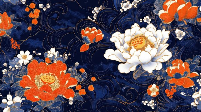 Abstract Korean design with swirling lotus and peony patterns on a deep blue background, isolated on white