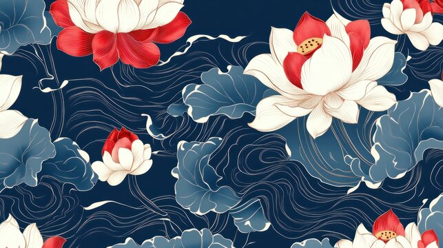 Abstract Korean design with swirling lotus and peony patterns on a deep blue background, isolated on white
