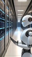 Poster - A humanoid robot stands in a data center, observing its surroundings, showcasing the integration of AI technology in contemporary environments