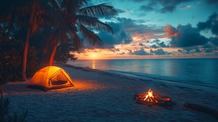 Aufkleber - A cozy campsite is set up on the beach as the sun sets over the horizon. A glowing tent sits beside a warm campfire, surrounded by nature's beauty.