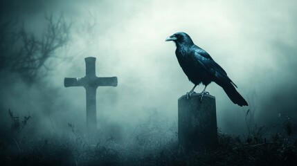 Gloomy halloween graveyard wallpaper with dark crosses and raven silhouette