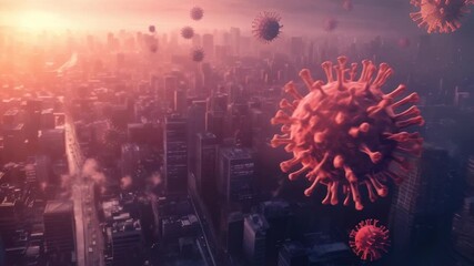Aufkleber - Coronavirus covid 19 virus cells floating over a big city at sunset, spreading the infection in the urban area, causing a pandemic and a lockdown