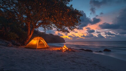 Poster - As dusk settles, a glowing tent sits beside a serene beach. A cozy campfire crackles, illuminating the surroundings while waves gently lap at the shore, creating a peaceful atmosphere.