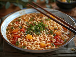 A bowl of flavorful ramen noodles with vegetables and herbs, served with chopsticks.