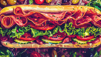 Wall Mural - a colorful illustration of a delicious sub sandwich filled with layers of ingredients