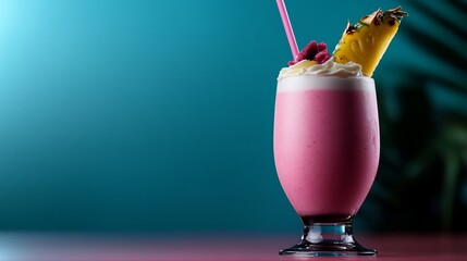 Wall Mural - A pink smoothie with whipped cream and a pineapple slice on a turquoise background.