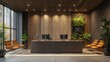 © Hammam - Modern office reception area with wooden wall, green wall, two computers and leather chairs.