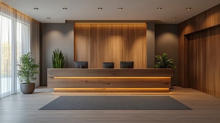 Modern office reception desk with wooden paneling, a gray rug, and potted plants.