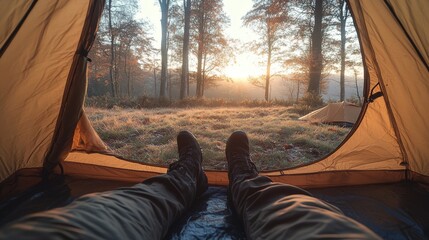 Poster - A person relaxes inside a tent, taking in the breathtaking view of a vibrant sunrise. The soft glow of dawn illuminates the autumn landscape, inviting tranquility.