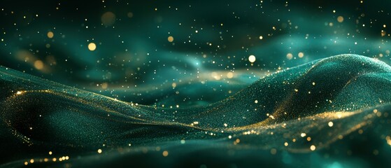 Poster - Mesmerizing gold and emerald green particles flowing through an ethereal surface