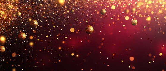 Poster - Golden particles floating gracefully on a deep maroon background creating a sparkling atmosphere
