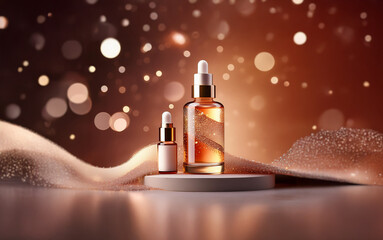 Poster - Two glass bottles of serum with droppers, on a white pedestal,  are displayed against a soft, brown, sparkling backdrop.