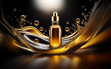Leinwandbilder - A glass bottle of golden serum sits in a wave of liquid with reflective droplets scattered on a black background.