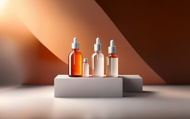 Poster - Four glass bottles with droppers, two amber and two white, sit on a white platform with a soft, warm light illuminating them.