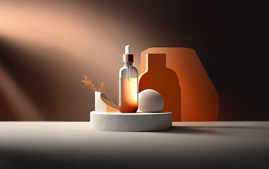 Poster - A glass bottle with a dropper sits on a white pedestal, illuminated by warm light.  A sprig of dried plant leans against a ceramic form.