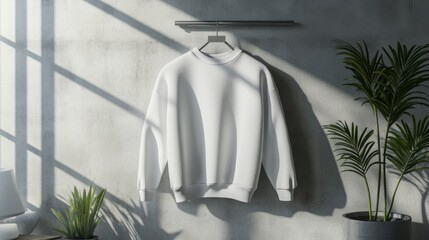 Aufkleber - A white sweatshirt hangs on a sleek metal rail in a stylish interior. Light streams through nearby windows, casting shadows on the concrete wall, complemented by lush green plants in the space.
