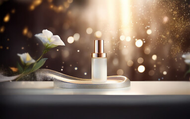 Fototapete - A white bottle with a gold cap sits on a silver tray with a delicate flower in the background. The bottle is in focus while the background is blurred with bokeh lights.