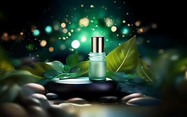 Aufkleber - A small glass bottle of perfume sits on a smooth black stone surrounded by green leaves and river rocks, all lit by a soft green glow.