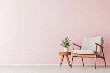 Wall Mural - Chair and pot of plant against pink wall, minimalistic decor in bright room.