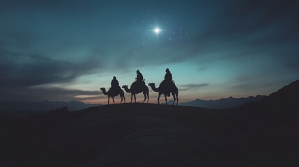 Three Wise Men riding across a vast desert on camels