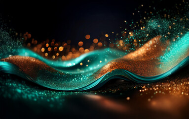 Aufkleber - Abstract digital art with shimmering teal and gold waves against a black background, illuminated by out-of-focus warm lights.