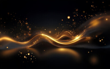 Poster - An abstract, swirling golden light form moves across a black background with sparkling particles.