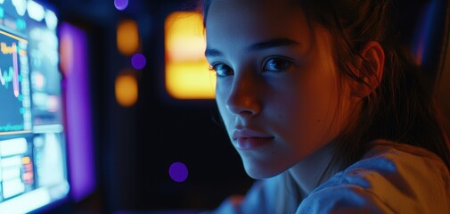 Focused girl using computer with vibrant screen lights in background.