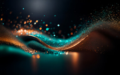 Aufkleber - Abstract, colorful, glittering particles form a wave against a black background.