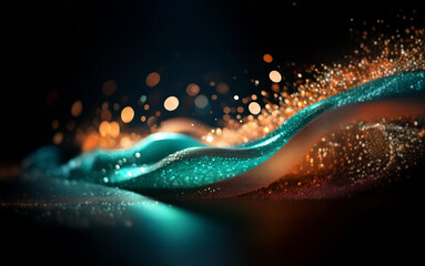 Poster - A shimmering blue wave of sparkling particles forms a ripple against a black background with warm, glowing orbs of light.