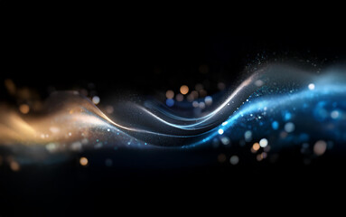 Aufkleber - A dark background with a wavy abstract pattern of light blue and gold glowing lines.  The glowing lines are set off by an out of focus background of tiny blue and gold glowing orbs.