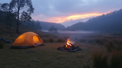 Poster - A vibrant sunset casts warm colors over a tranquil campsite, featuring an orange tent beside a crackling campfire surrounded by grasslands and trees.