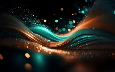 Fototapete - Abstract waves of teal and orange glow with light particles on a black background.