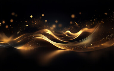 Poster - Abstract glowing gold waves ripple across a black background, accented with sparkling particles and bokeh.