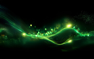 Poster - A dark background with glowing green lines, swirling into abstract shapes with subtle bokeh lights.