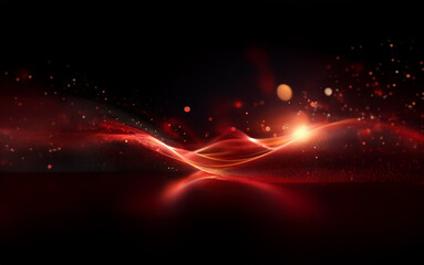 Poster - A glowing red wave with a reflection in a dark background with red sparkles and light orbs.