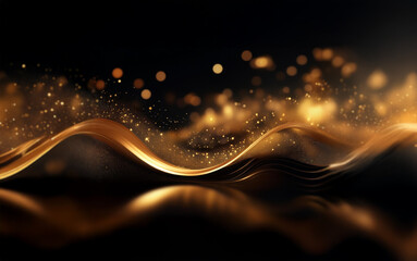 Aufkleber - Abstract image of a flowing gold wave, glistening with sparkling particles, against a black background.