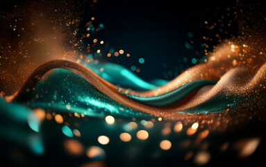 Aufkleber - Abstract image of a swirling teal and copper liquid with a bokeh background.