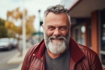 Handsome senior man with grey beard and mustache is looking away and smiling while standing outdoors