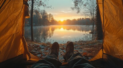 Aufkleber - The tranquility of a sunrise reflects on the calm surface of a lake as someone relaxes inside a tent, surrounded by nature's beauty.