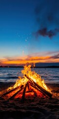 A captivating beach bonfire illuminates the twilight sky as flames dance against the serene backdrop of the water and vivid sunset colors. Perfect for summer evenings and gatherings.