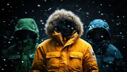 In a snowy, urban landscape, three figures clad in vibrant outerwear showcase the blend of fashion and functionality, embodying winter?s spirit with style and warmth.