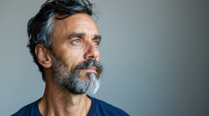 Poster - A stylish portrait of a bearded man showcasing his trendy haircut against a gray backdrop, captured by his hairdresser.